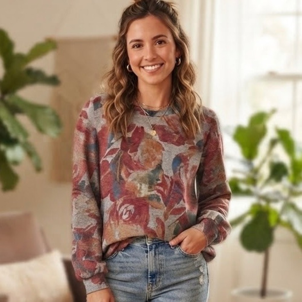 Anthropologie t.la Floral Crew Neck Sweatshirt Grey Pink Orange XS Athleisure